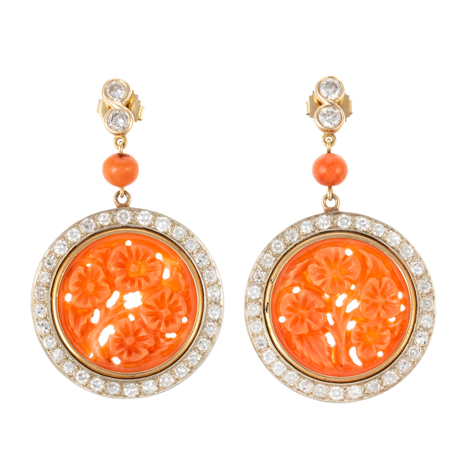 A PAIR OF DIAMOND & CORAL