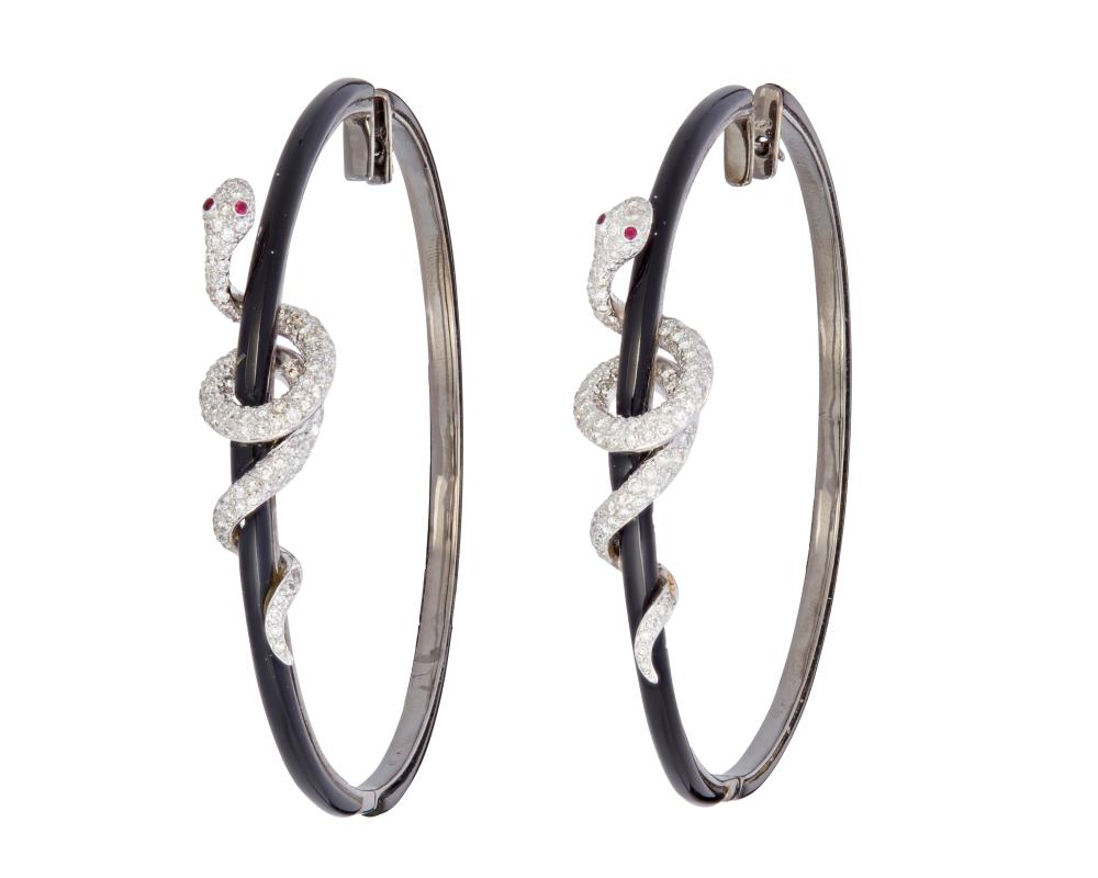 A PAIR OF DIAMOND AND ENAMEL
