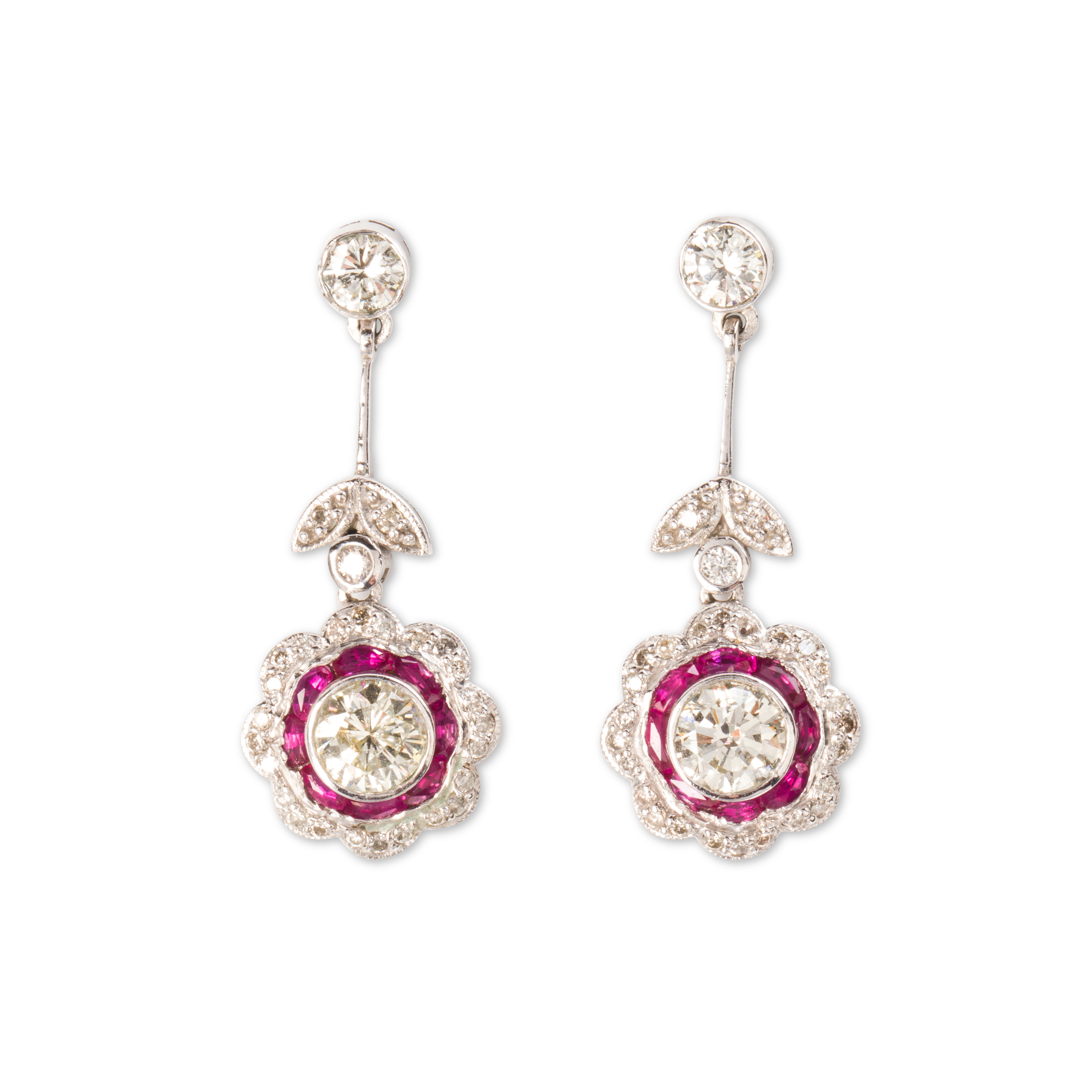 A PAIR OF DIAMOND, RUBY AND