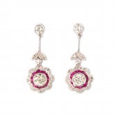 A PAIR OF DIAMOND, RUBY AND PL
