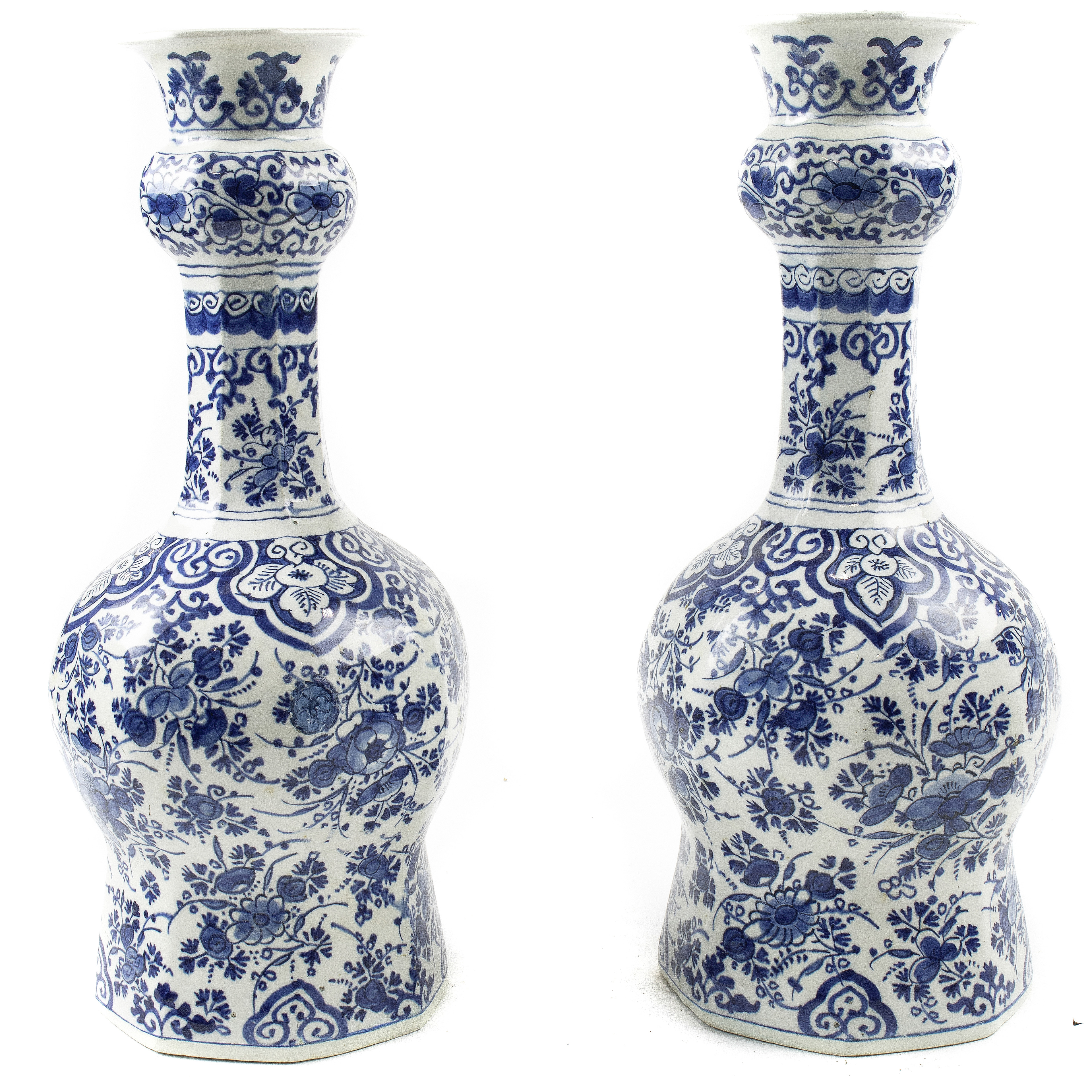 A PAIR OF DUTCH DELFTWARE URNS A