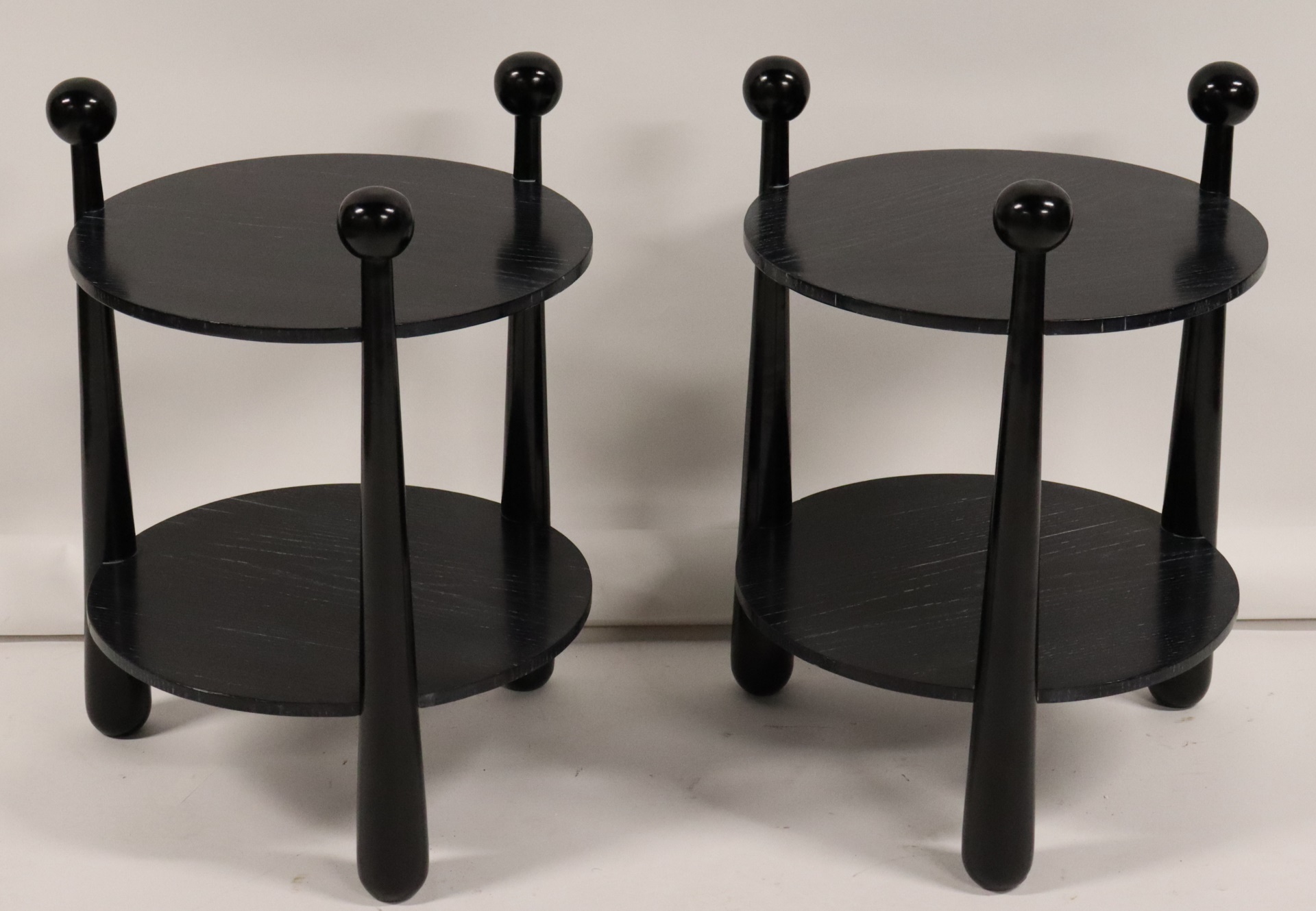 A PAIR OF EBONISED OAK 2 TIER