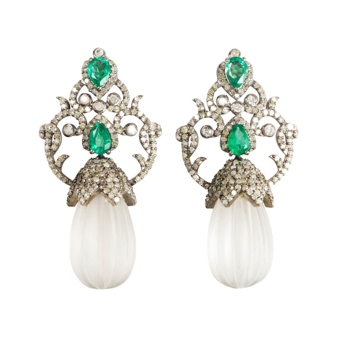 A PAIR OF EMERALD, DIAMOND AND ROCK