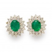 A PAIR OF EMERALD, DIAMOND AND
