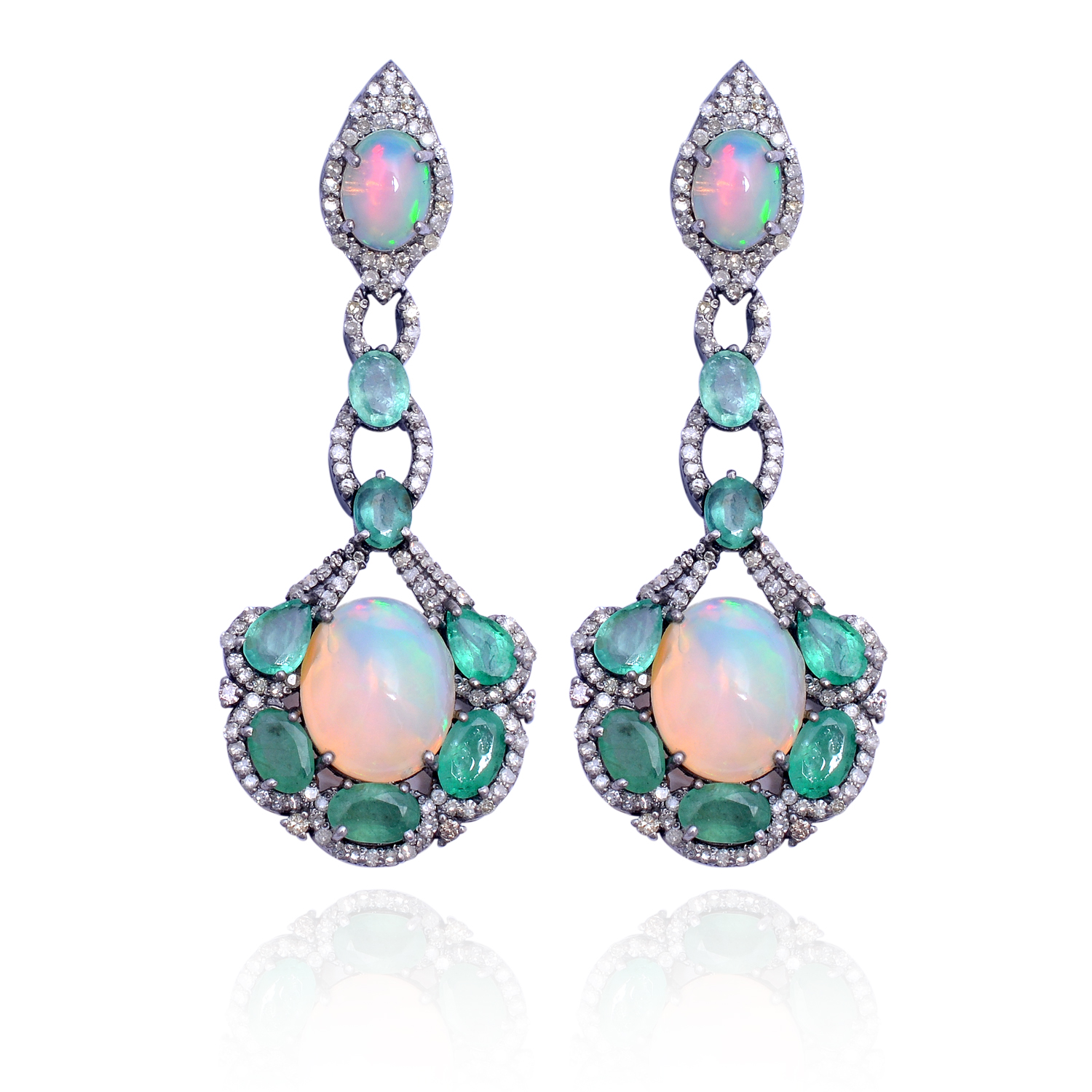 A PAIR OF EMERALD, OPAL AND DIAMOND