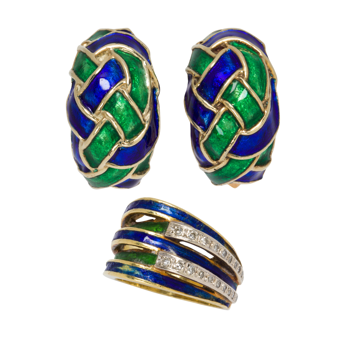 A PAIR OF ENAMEL EAR CLIPS AND RING