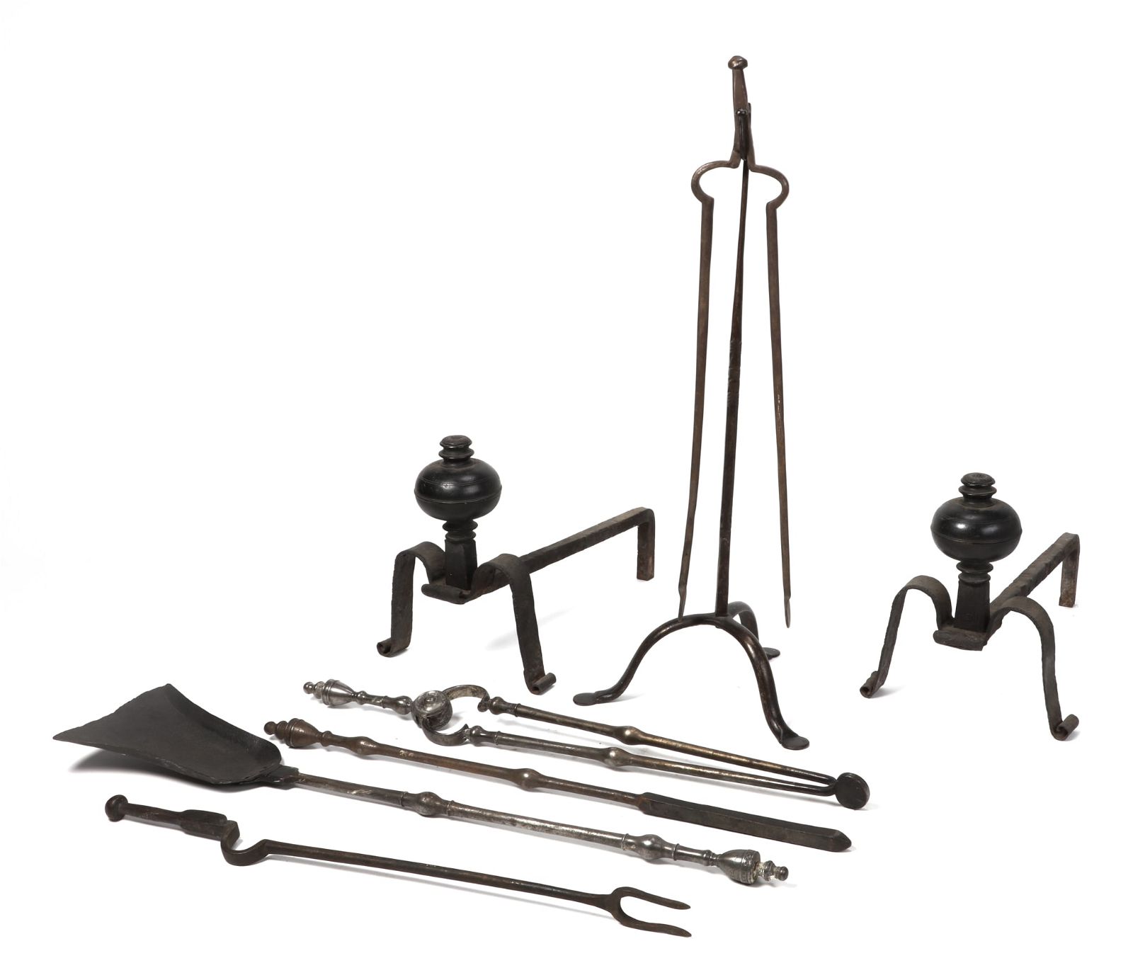 A PAIR OF ENGLISH STEEL ANDIRONS