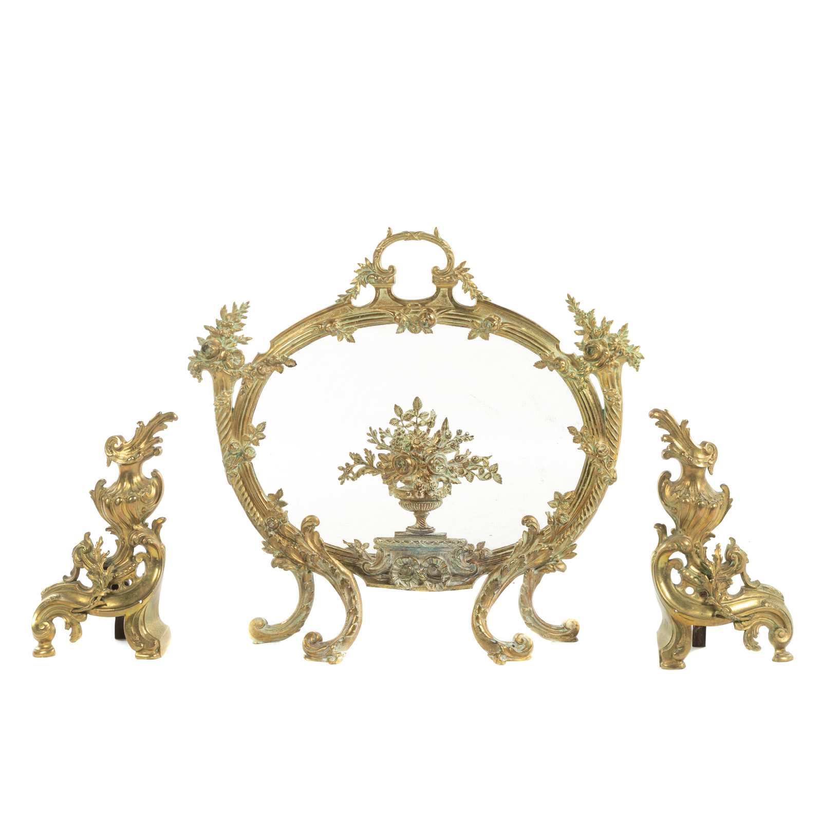 A PAIR OF FRENCH BRASS ANDIRONS &