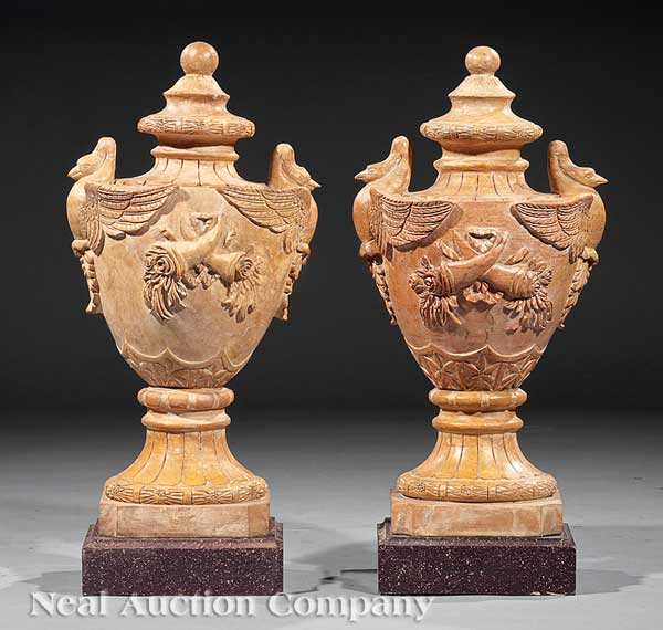A Pair of French Carved Marble Urns