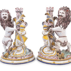 A Pair of French Faience Lion