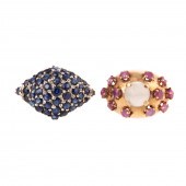 A PAIR OF GEMSTONE DOME RINGS