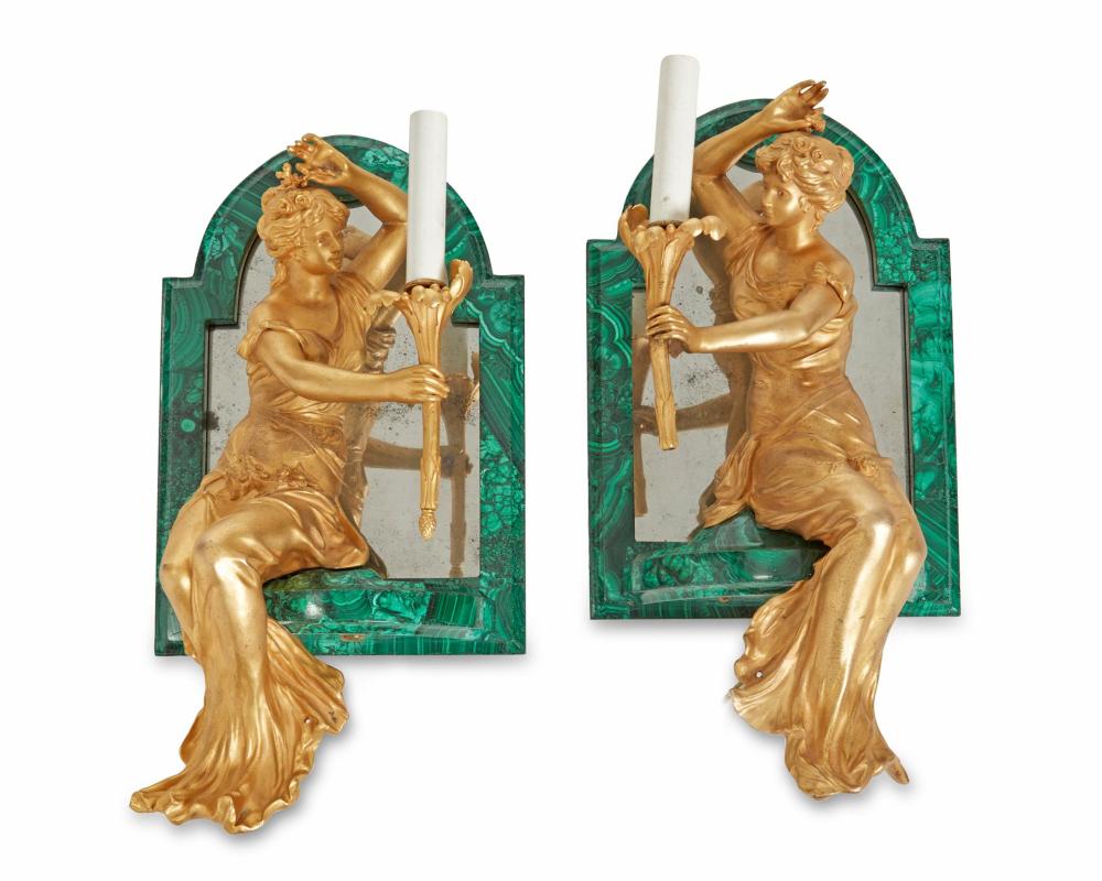 A PAIR OF GILT BRONZE AND MALACHITE
