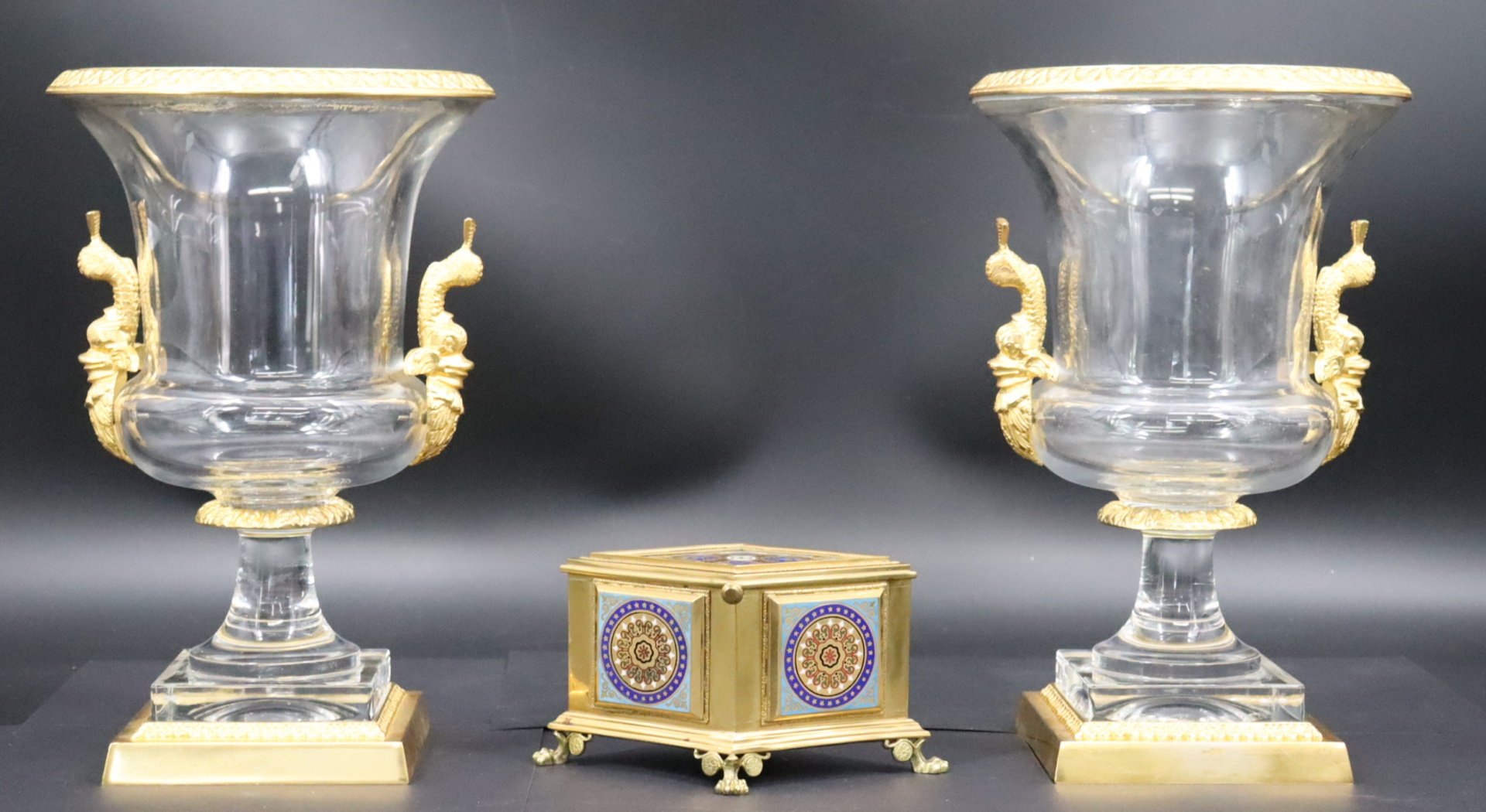 A PAIR OF GILT BRONZE & GLASS