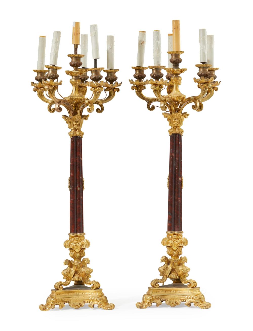 A PAIR OF GILT-BRONZE AND MARBLE