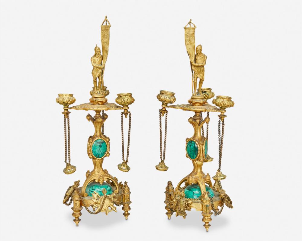 A PAIR OF GILT-BRONZE AND MALACHITE