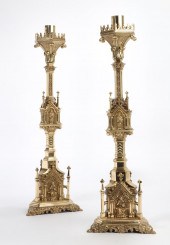 A PAIR OF GOTHIC STYLE GILT BR