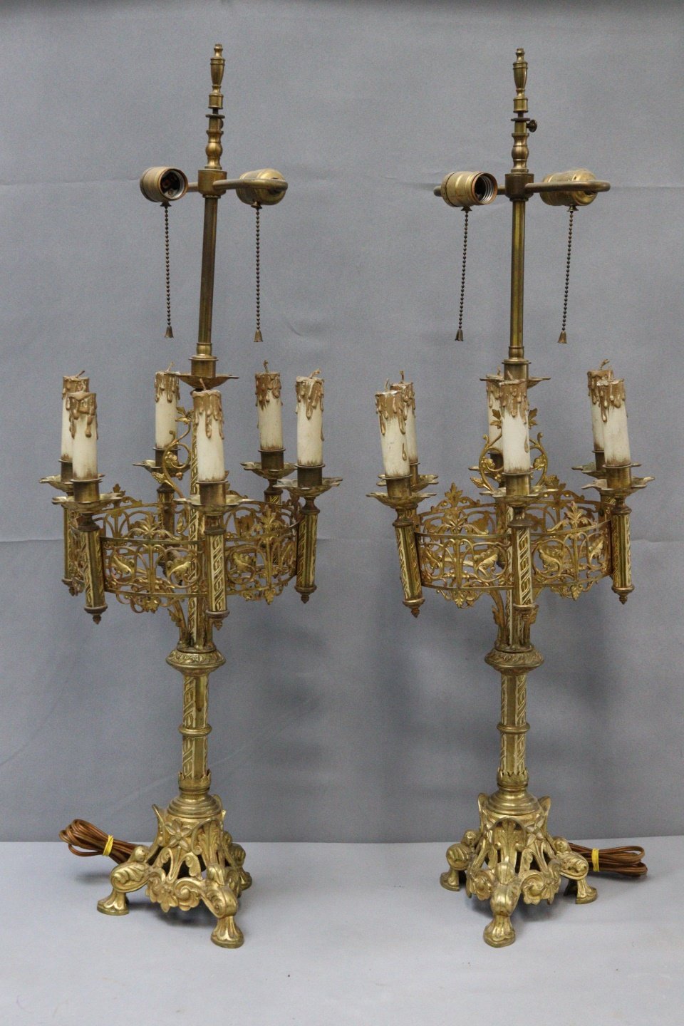 A PAIR OF GOTHIC STYLE BRASS