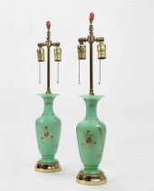 A PAIR OF GREEN OPALINE GLASS