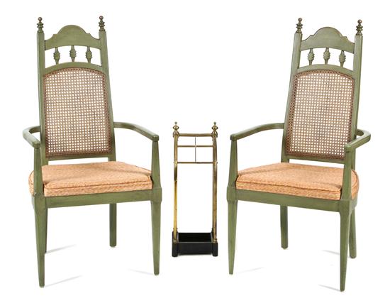 A Pair of Green Painted and Caned