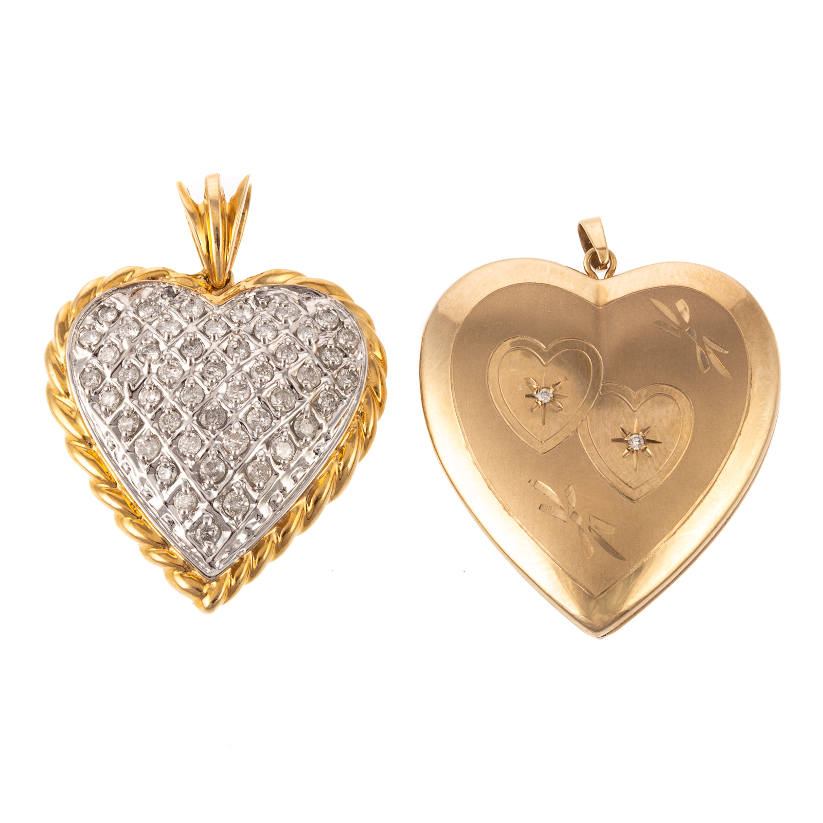 A PAIR OF HEART PENDANTS IN DIAMOND