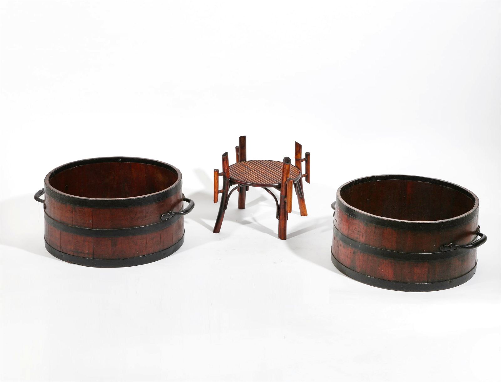A PAIR OF IRON BOUND WOOD BUSHEL
