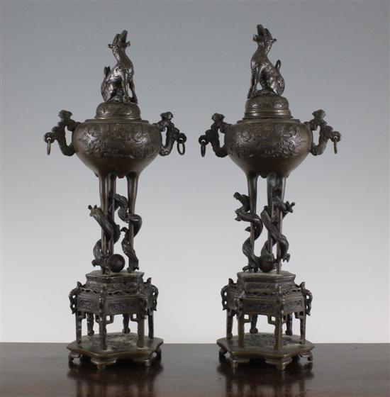 A pair of Japanese bronze tripod