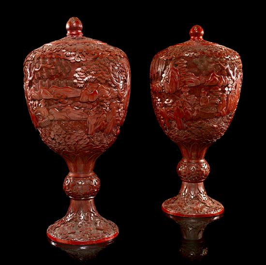 A Pair of Lidded Cinnabar Covered