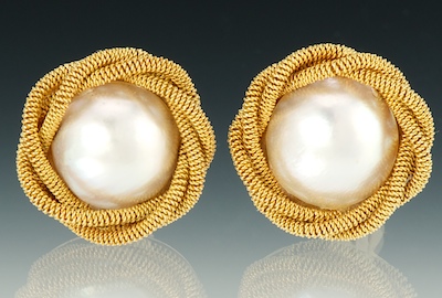 A Pair of Mabe Pearl and Gold Ear