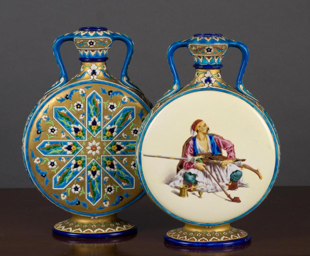 A PAIR OF MAJOLICA MOON FLASK