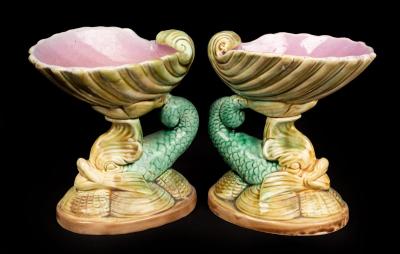 A pair of Majolica nautilus