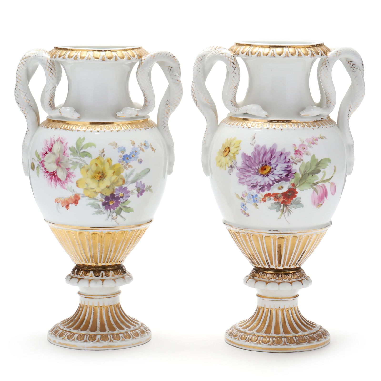 A PAIR OF MEISSEN SNAKE HANDLED