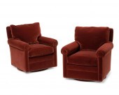 A PAIR OF MOHAIR SWIVEL ARMCHA