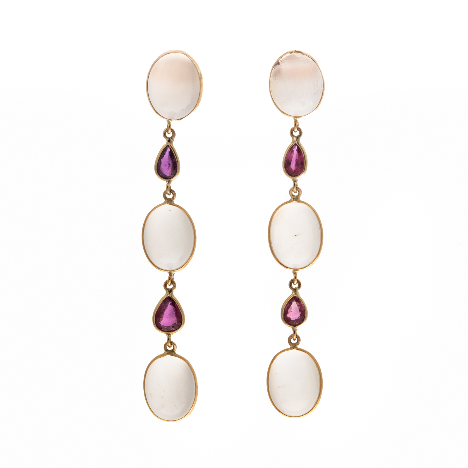 A PAIR OF MOONSTONE & RUBY DANGLE
