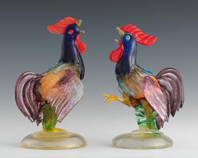 A Pair of Murano Glass Roosters