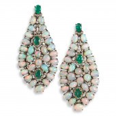 A PAIR OF OPAL, EMERALD AND DI