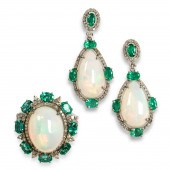 A PAIR OF OPAL, EMERALD AND DI