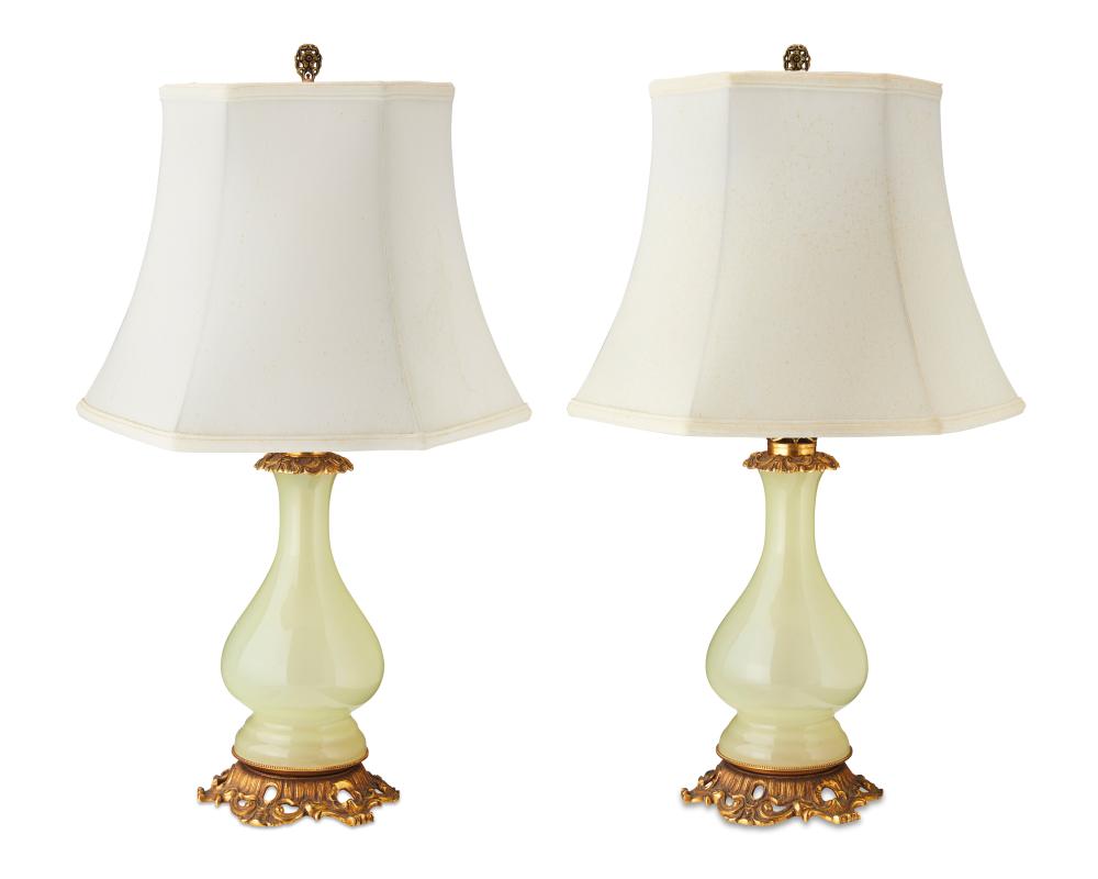 A PAIR OF OPALINE GLASS AND