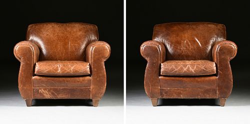 A PAIR OF OVERSTUFFED LEATHER