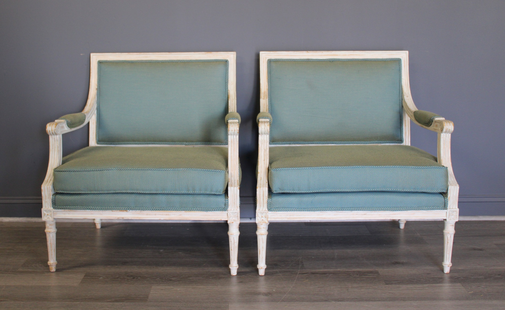 A PAIR OF PAINTED & UPHOLSTERED