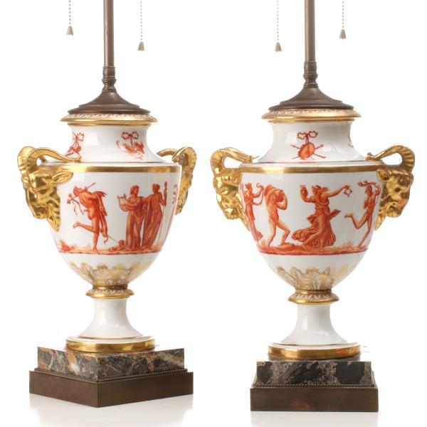 A PAIR OF PARIS PORCELAIN URNS, NOW