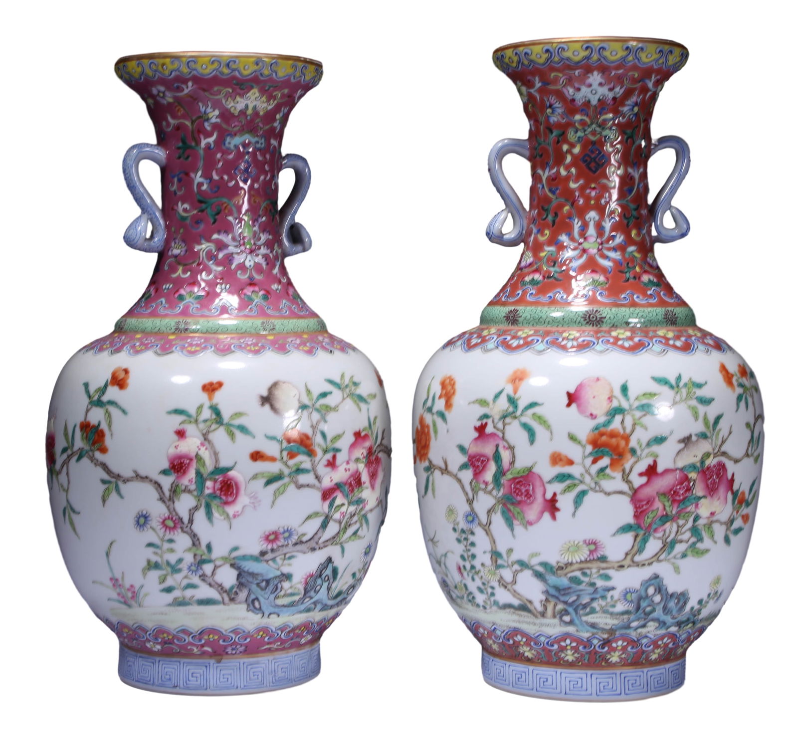 A PAIR OF RED-GROUND FAMILLE ROSE