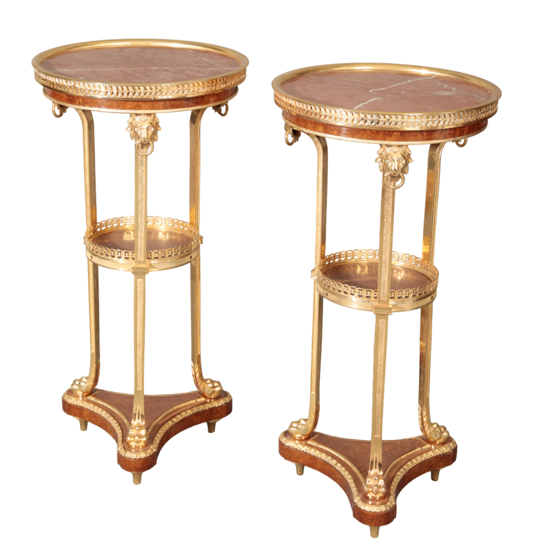 A PAIR OF ROUGE MARBLE, BURR WALNUT