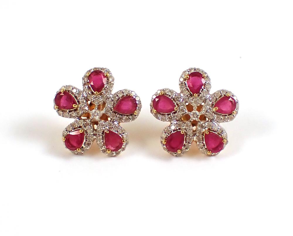 A PAIR OF RUBY, DIAMOND AND