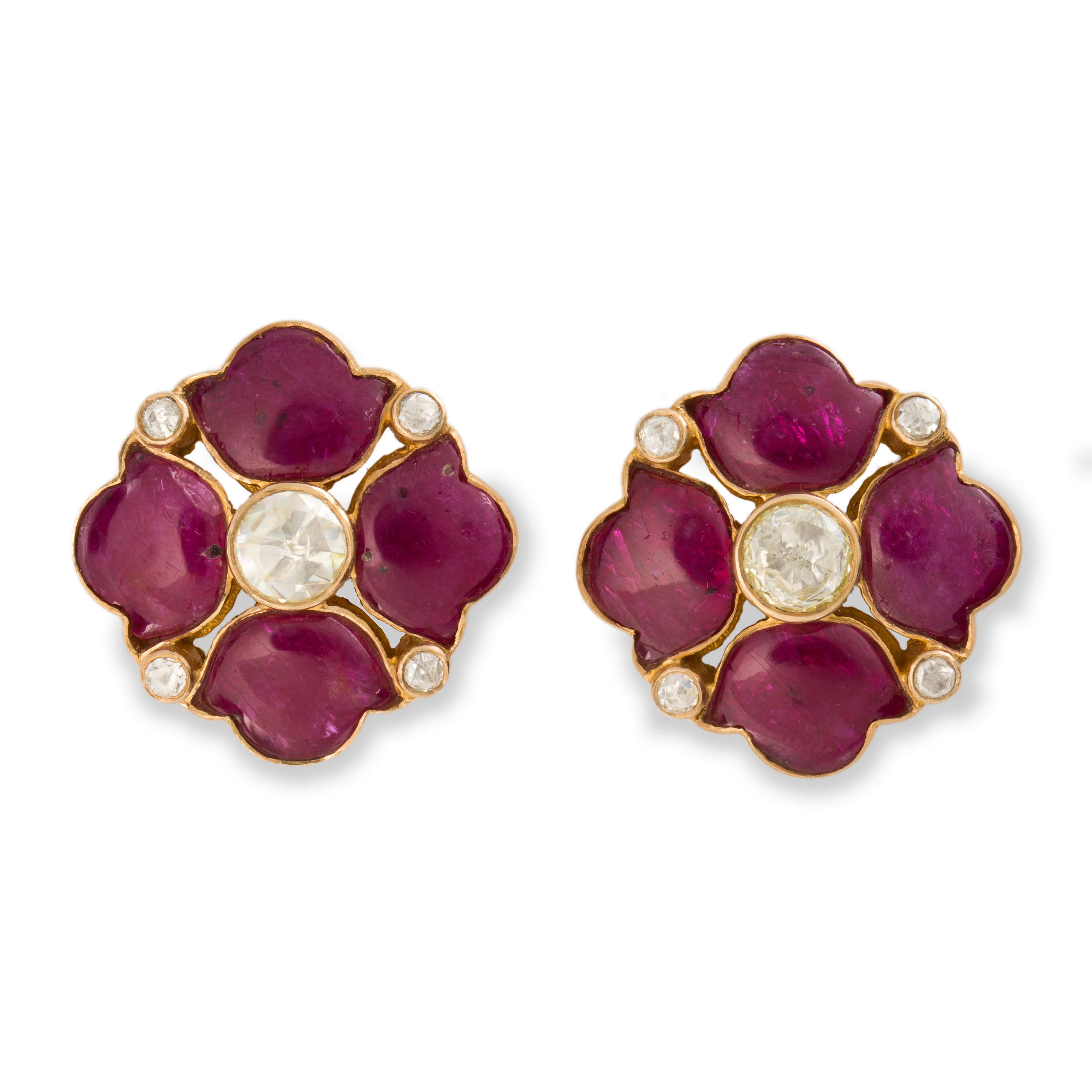 A PAIR OF RUBY, DIAMOND AND