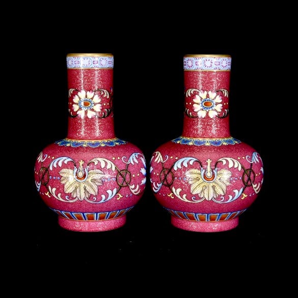 A PAIR OF RUBY-RED ENAMEL WITH