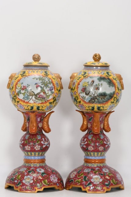 A PAIR OF RUBY-RED ENAMEL WITH