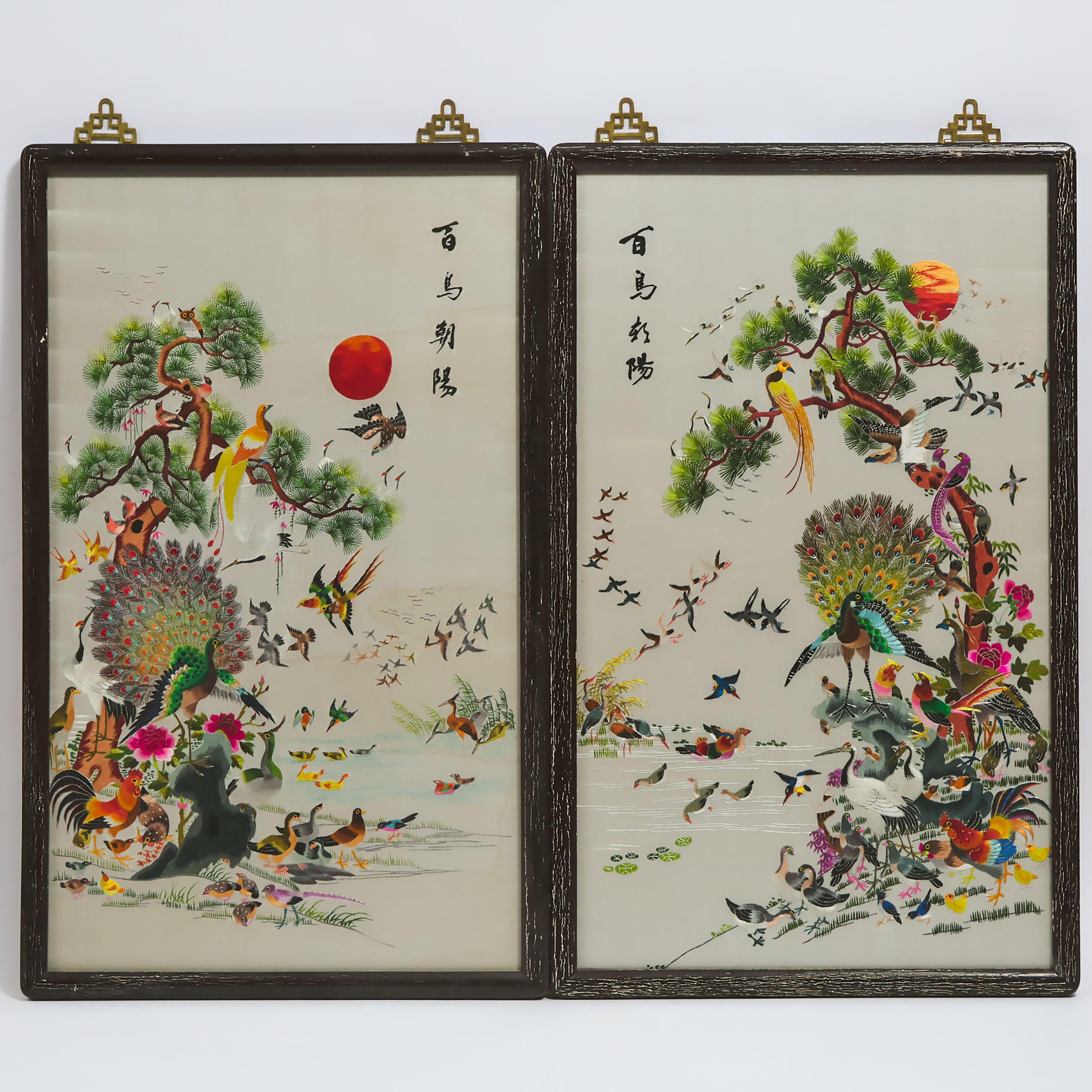 A Pair of Silk Embroidered 'Hundred