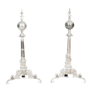 A Pair of Silvered Brass Andirons