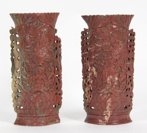 A pair of soapstone brush pots