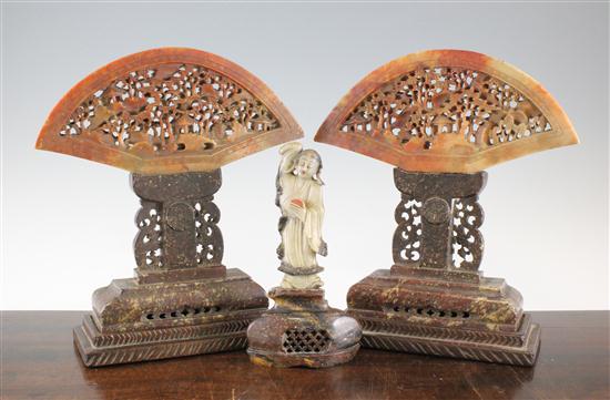 A pair of soapstone fan shaped